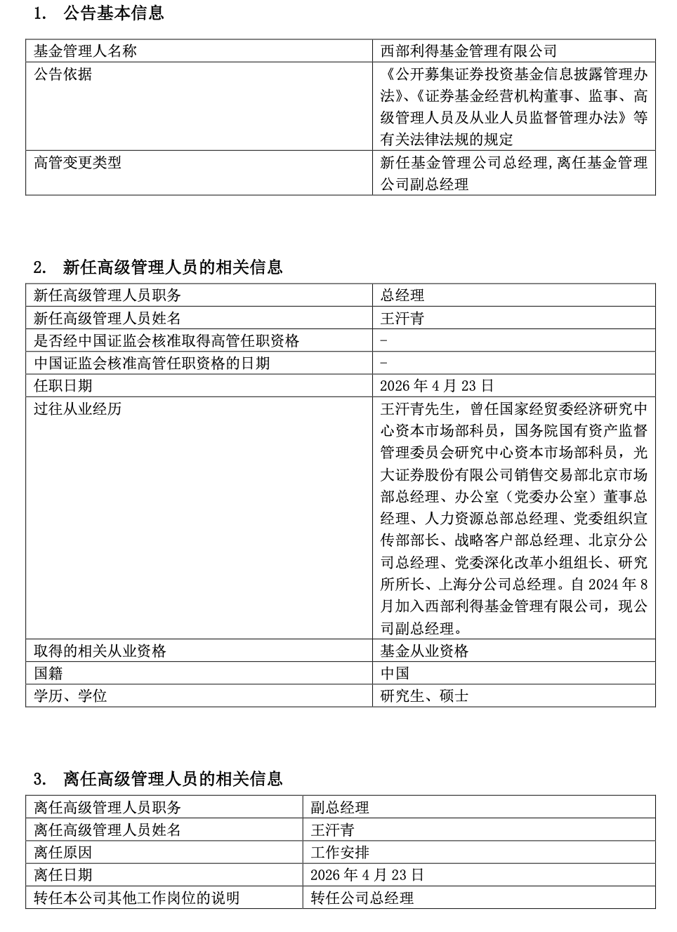 西部利得基金总经理落定,王汗青接任,如何保持上升势头是新班子的命题