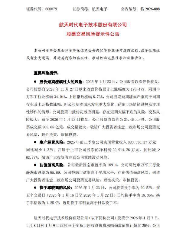 航天电子：公司股票击鼓传花效应明显 存在短期大幅下跌的风险(2)